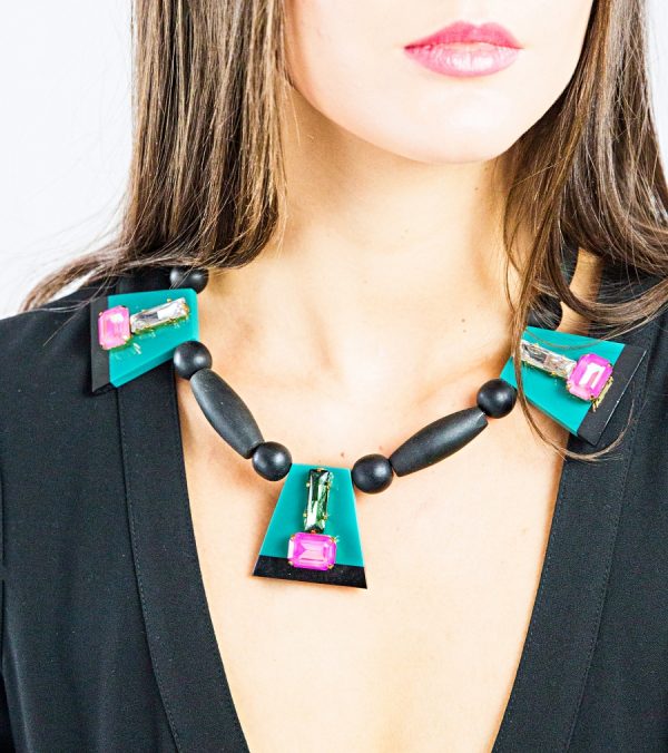 3 x blue pink black crystals black neckalce 1