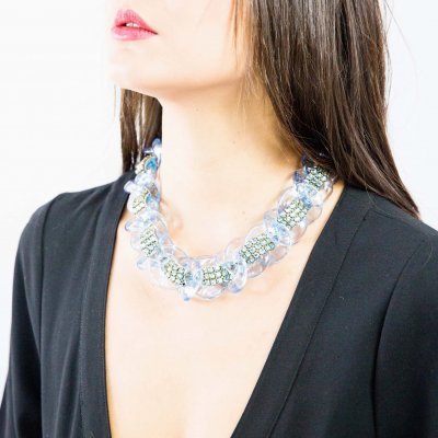 Clear Charm Necklace with Blue Crystals