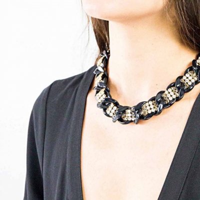 Black Charm Necklace with White Crystals